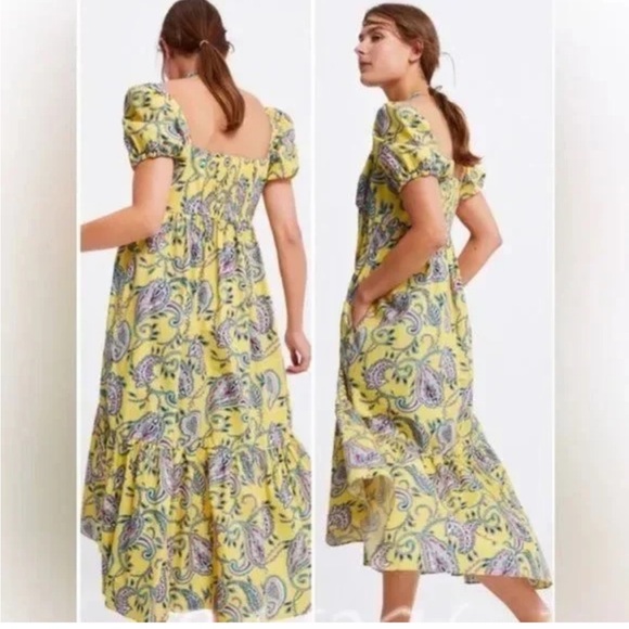 ZARA maxi PRINTED DRESS WITH pockets FRILLS PUFF SLEEVES YELLOW summer Boho XL - Picture 1 of 9